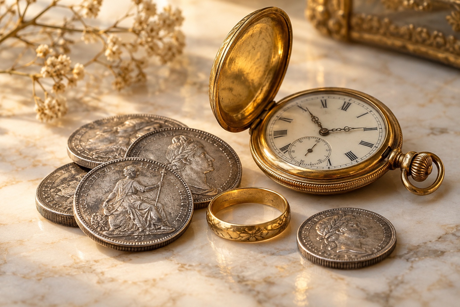 Illustrative arrangement of silver coins, a gold ring and an antique pocket watch